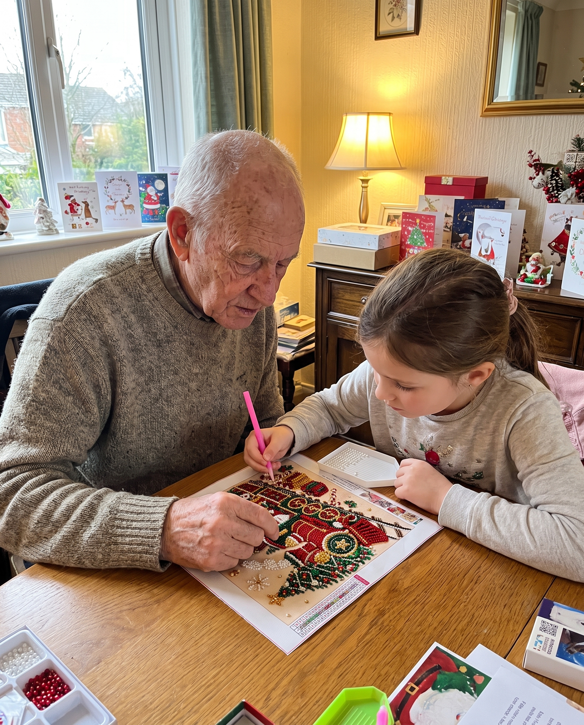 Un grand-père et sa petite-fille font le tableau de perles Train de Noël