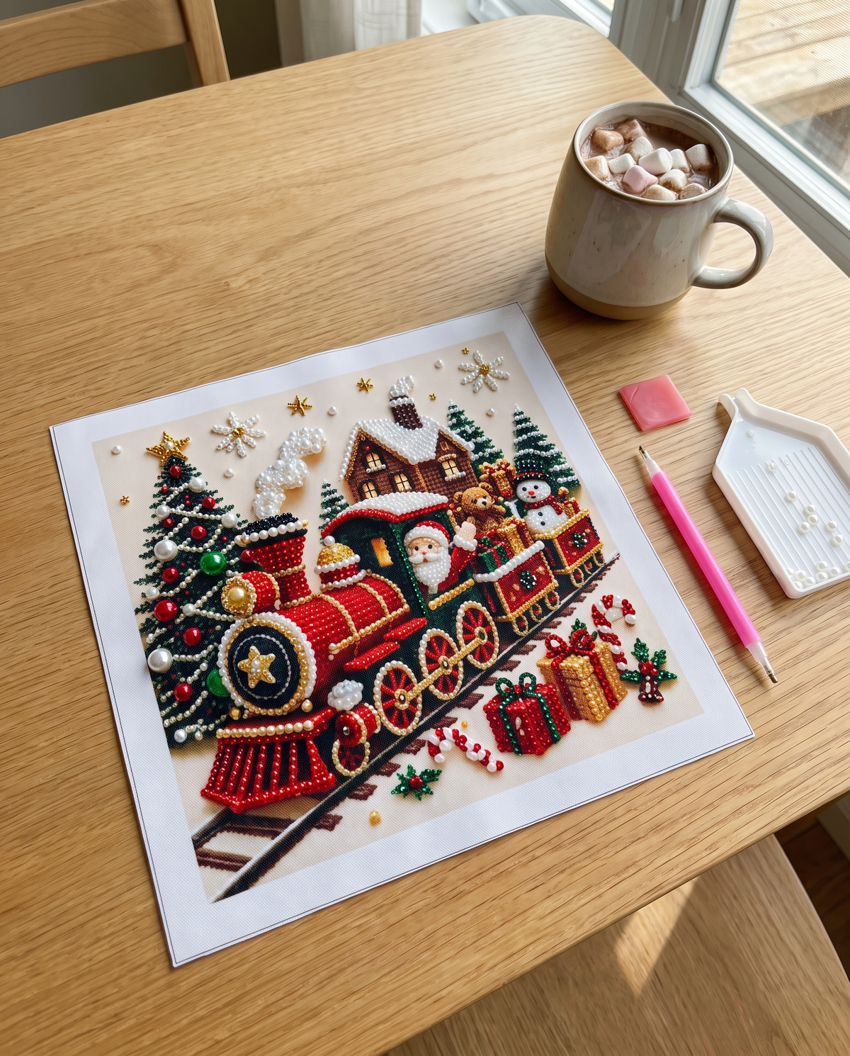 Tableau de perles Train de Noël terminé avec le stylo et le plateau