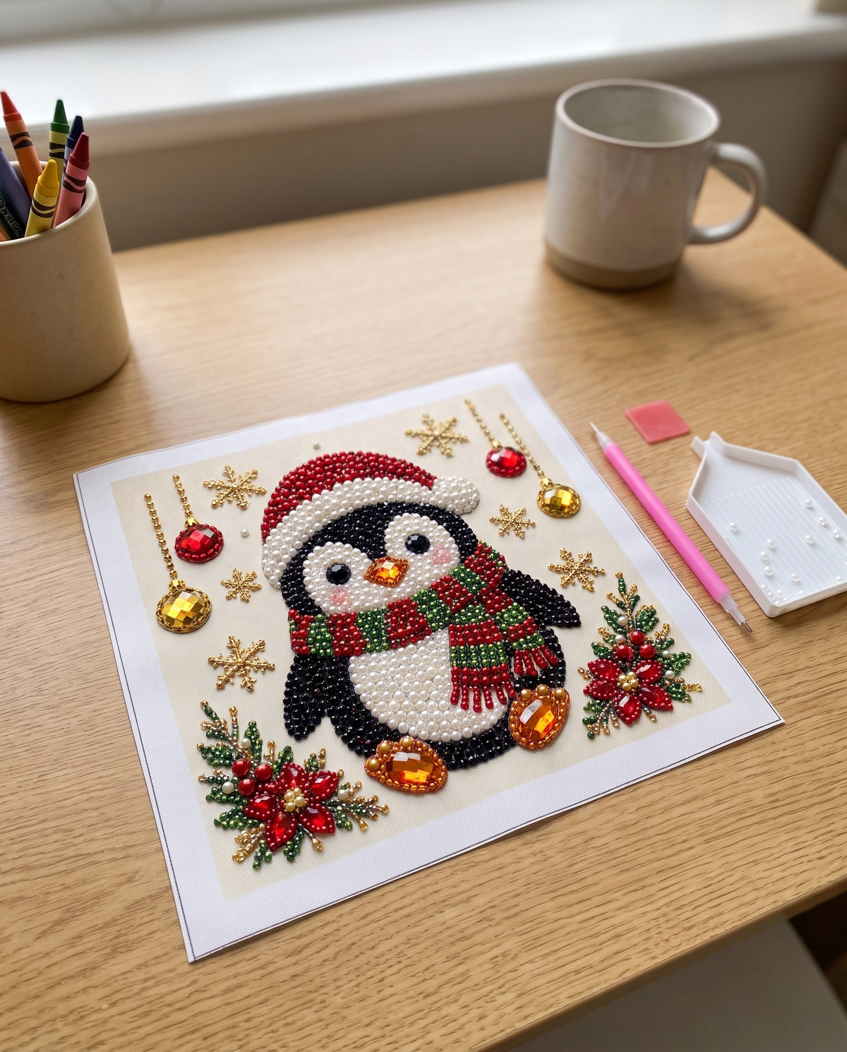 Tableau de perles Pingouin terminé sur un bureau d'enfant