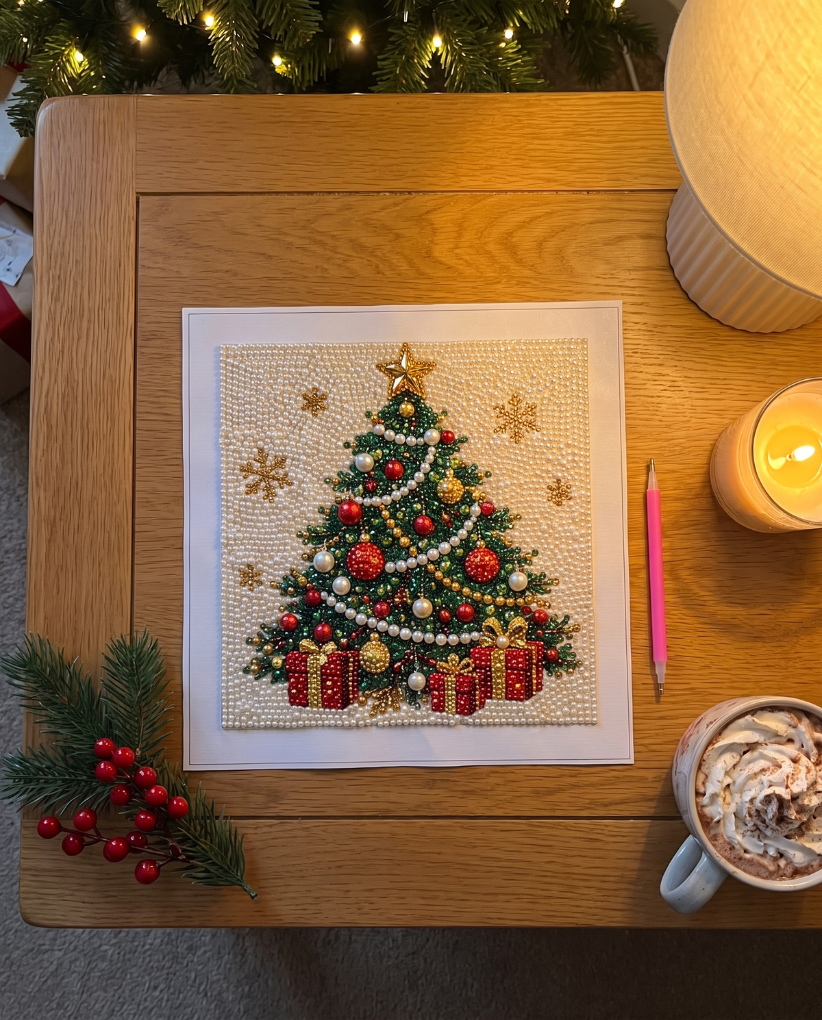 Tableau de perles Sapin terminé sur une table basse, le soir
