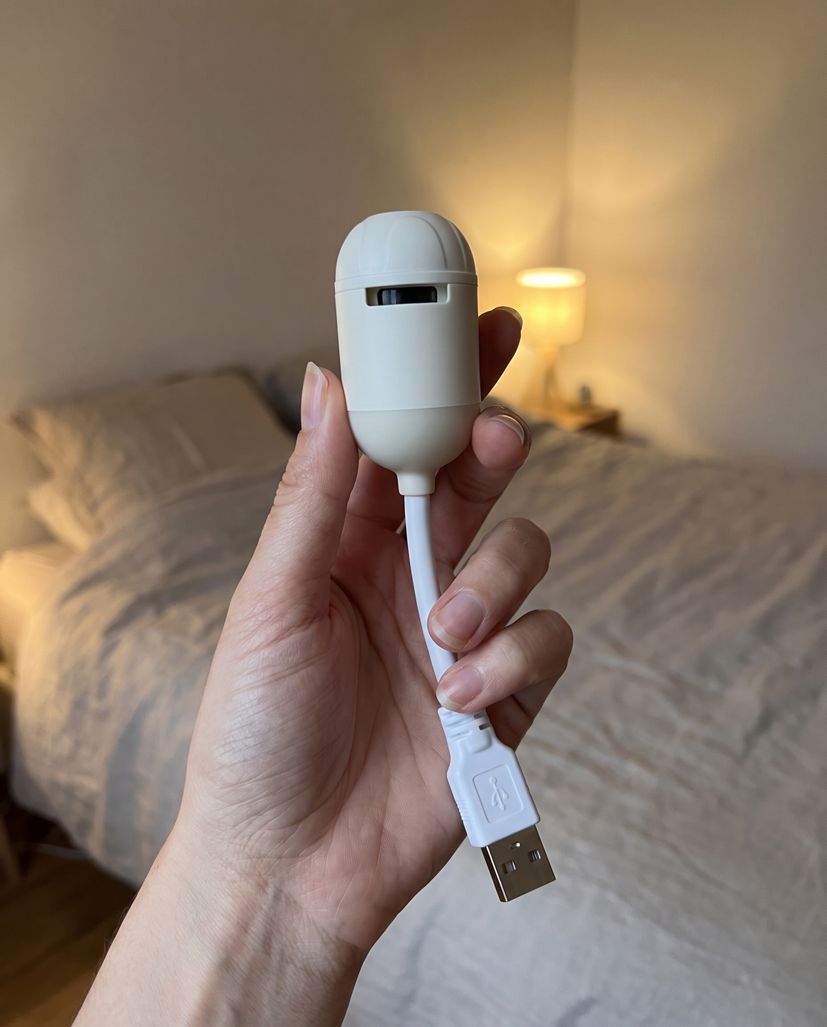 Projecteur Ciel de Noël tenu en main : petite capsule blanche sur col flexible et prise USB