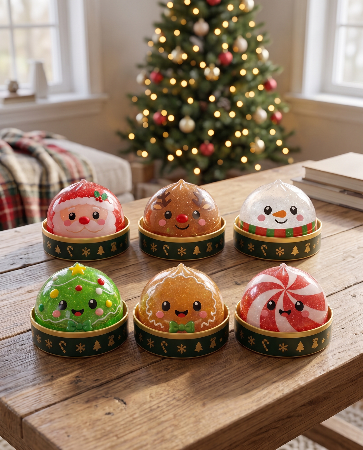 Les 6 squishies de Noël sur une table de salon