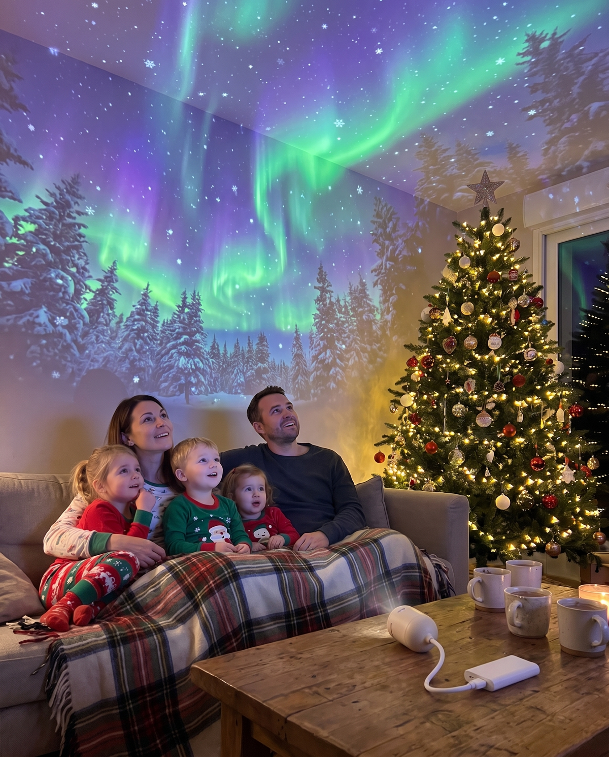 Aurores boréales et forêt enneigée projetées au plafond du salon, la famille sous le plaid