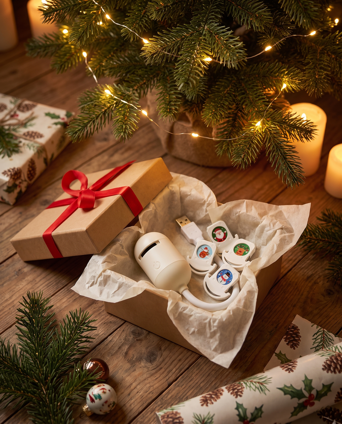 Le projecteur et ses cartouches de Noël dans un paquet cadeau au pied du sapin