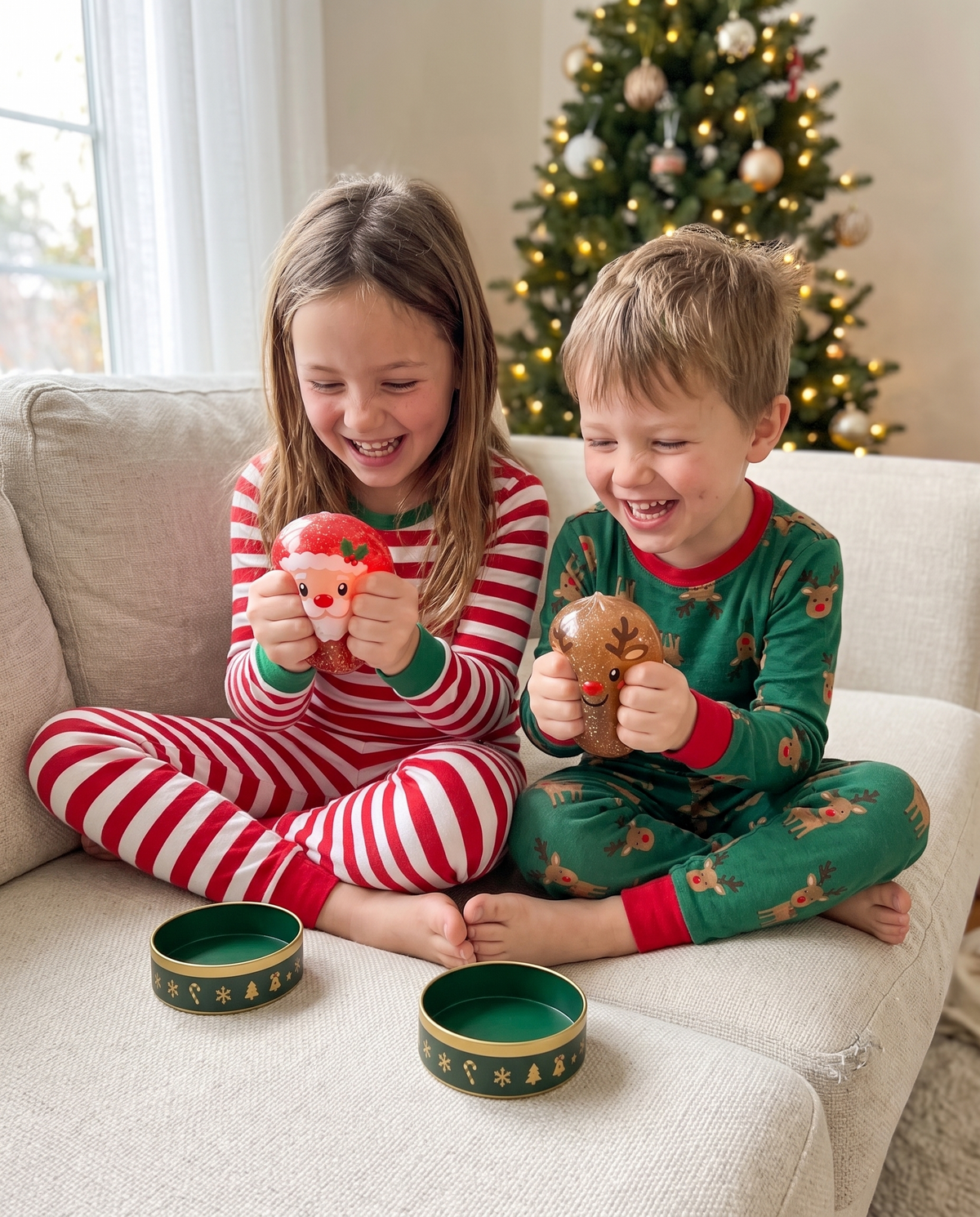 Frère et sœur qui écrasent leurs squishies Père Noël et renne