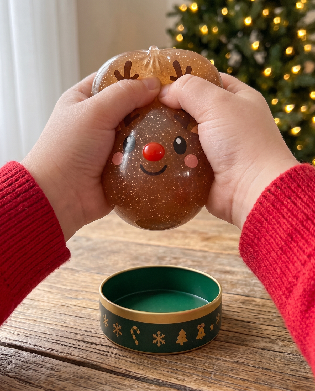 Des mains d'enfant écrasent le squishy renne sorti de sa coupelle