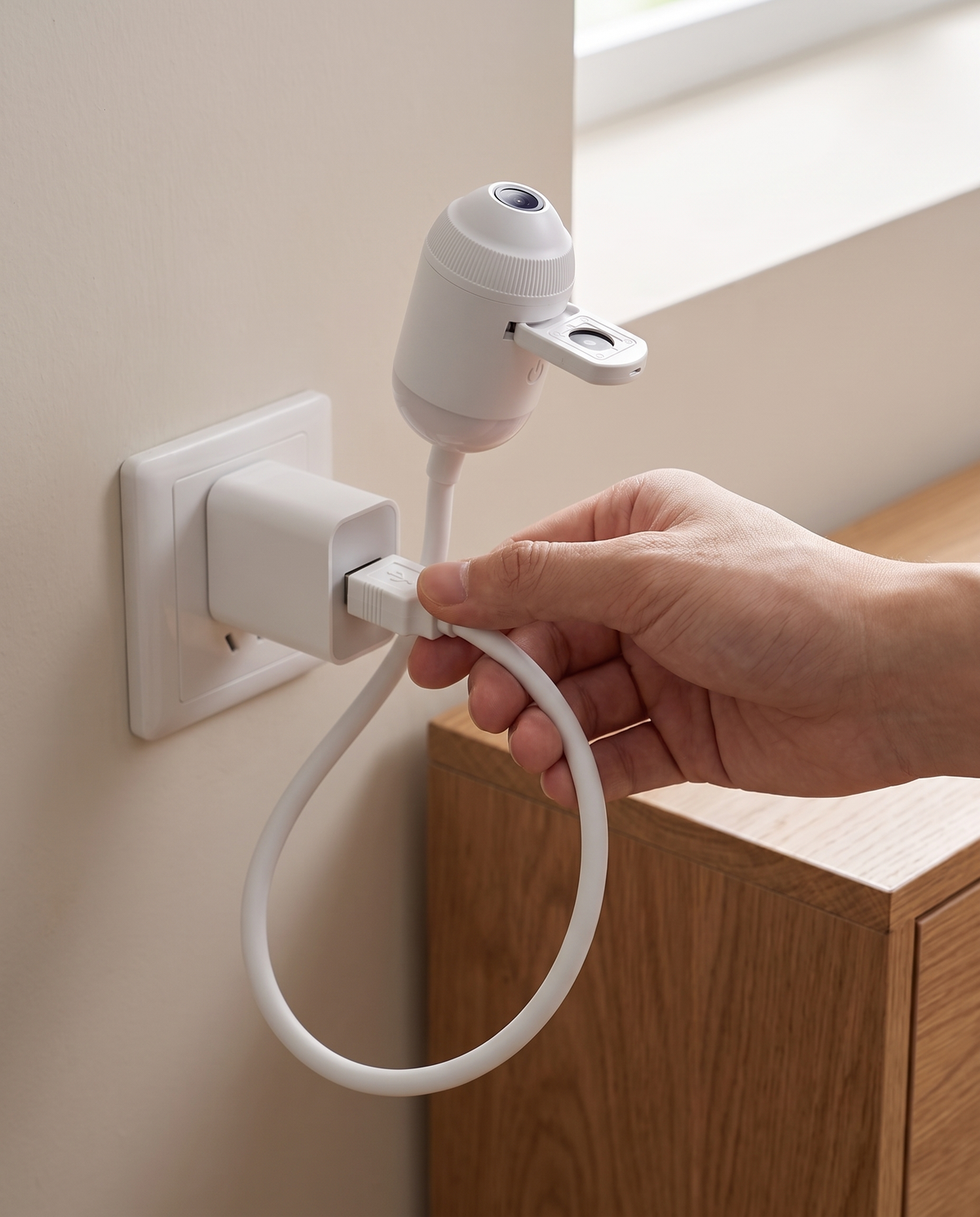 On branche la prise USB du projecteur sur un chargeur USB mural