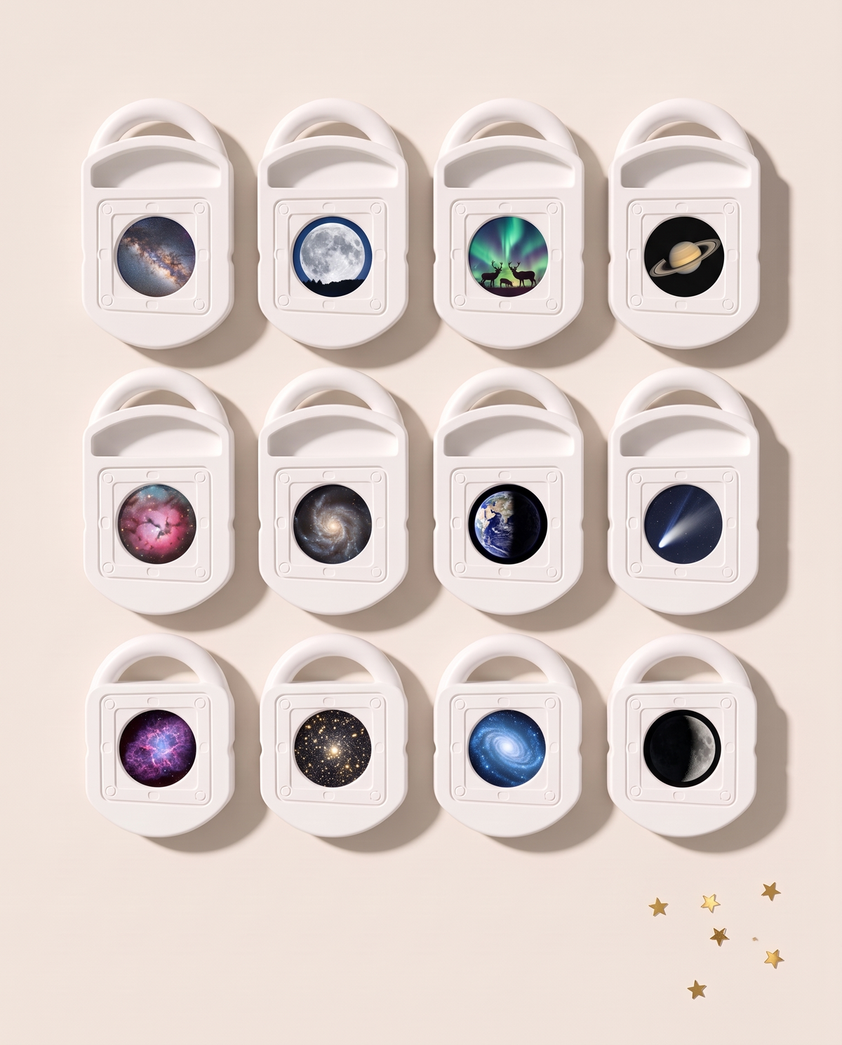 12 cartouches-ciels : Voie lactée, pleine lune, aurore boréale, Saturne, nébuleuses…